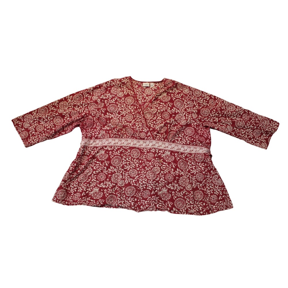 Cato Woman 26/28W Red Floral Faux Wrap Top Empire Waist Plus